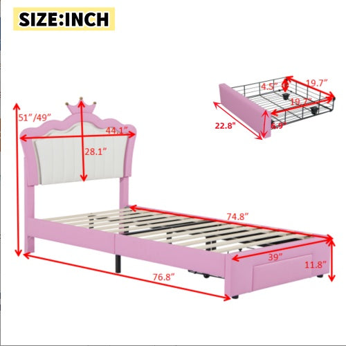 Pink and White Twin Size Upholstered Bed with Storage Drawer and LED Lights