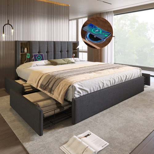 Queen Size Velvet Upholstered Bed Frame with Wireless Charging, USB Ports, and 4 Storage Drawers