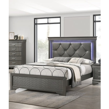 Dark Gray Faux Leather Queen Size Bed with Unique Textured Footboard