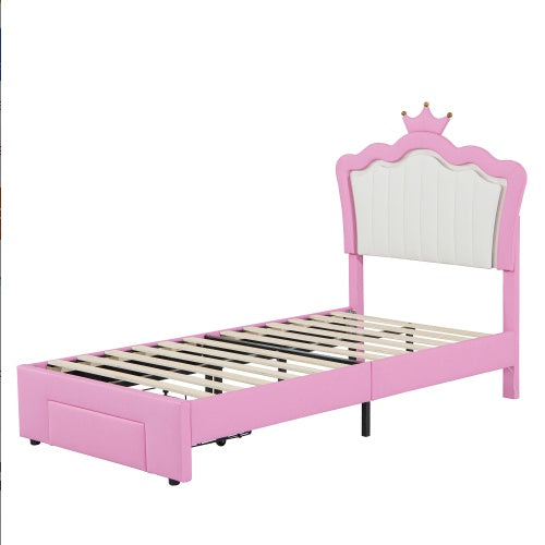 Pink and White Twin Size Upholstered Bed with Storage Drawer and LED Lights
