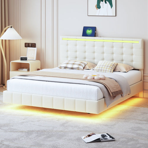 Modern Upholstered Floating Bed Frame with LED Lights & Headboard Design
