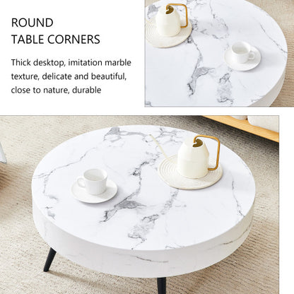 White Marble-Patterned MDF Round Coffee Table With Black Metal Adjustable Legs.