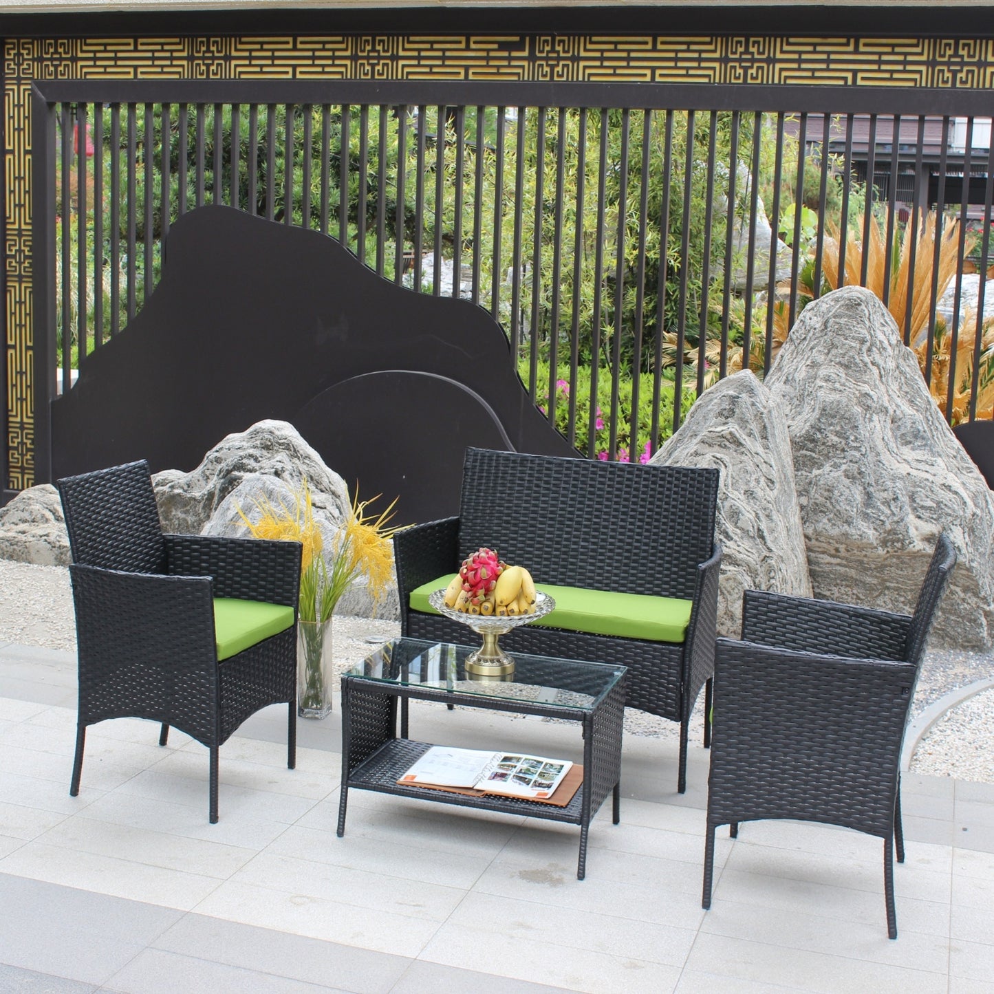 Rattan Patio Set Outdoor Wicker Sofa With Green Cushions