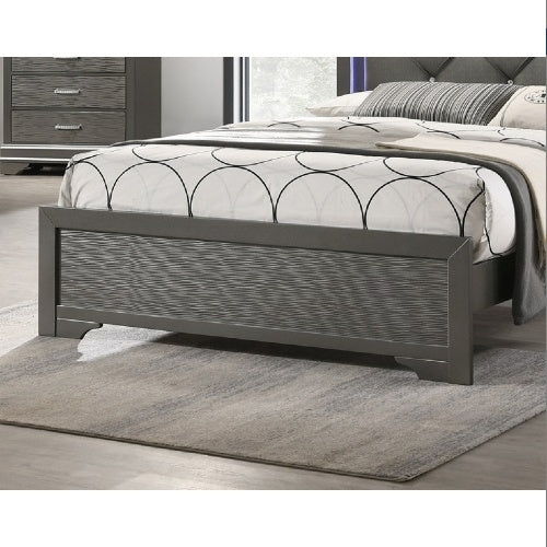 Dark Gray Faux Leather Queen Size Bed with Unique Textured Footboard