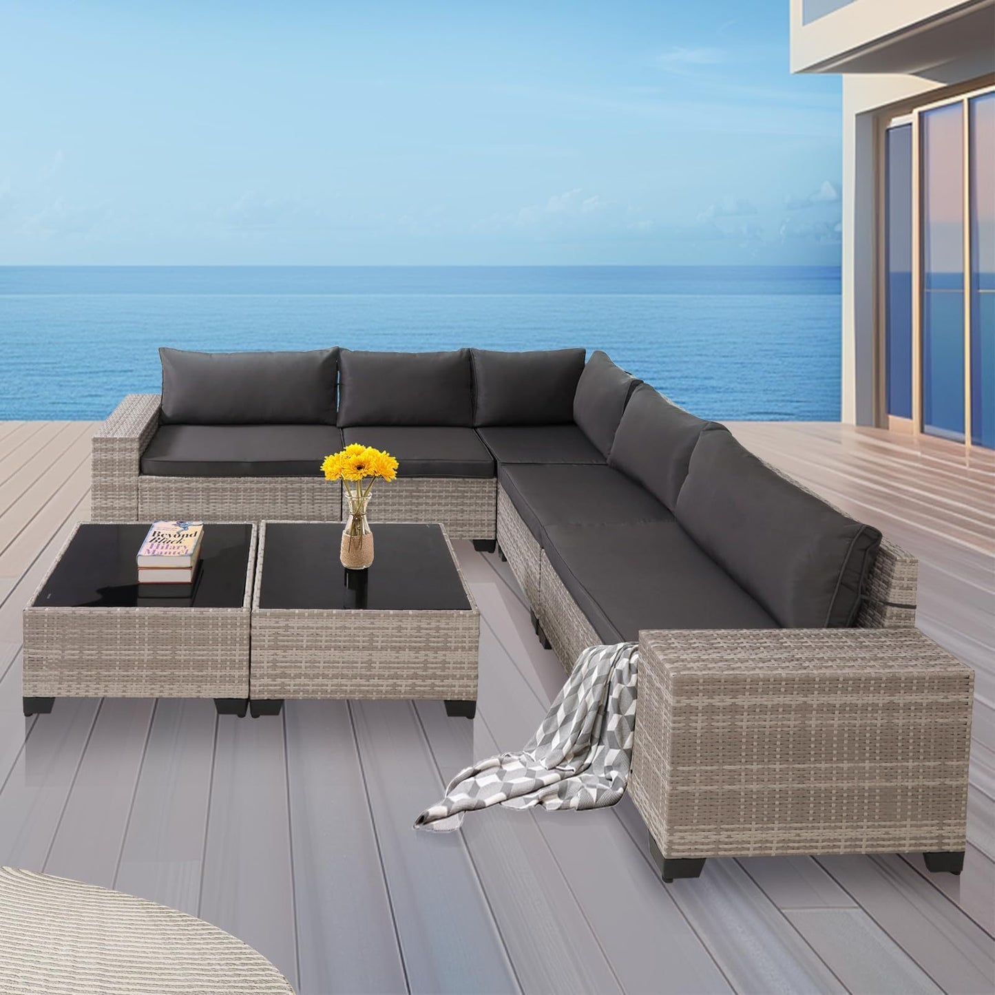 Modern Gray Wicker Sectional Sofa Set with Glass Coffee Tables