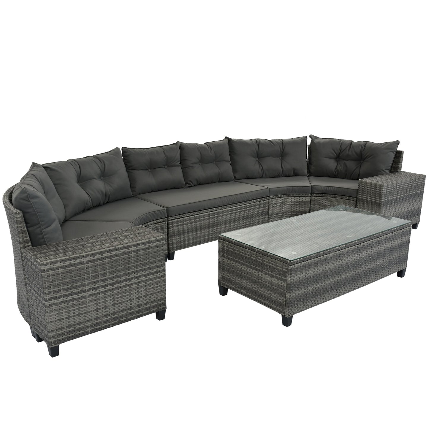 Gray All-Weather Wicker Round Patio Set with Cushions and Side Tables