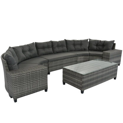 Gray All-Weather Wicker Round Patio Set with Cushions and Side Tables