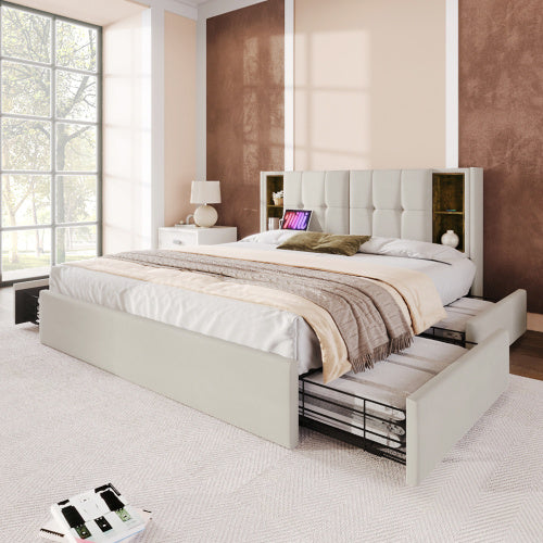 Queen Size Velvet Upholstered Bed Frame with Wireless Charging, USB Ports, and 4 Storage Drawers