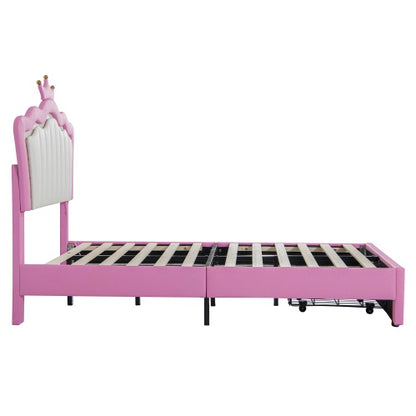 Pink and White Twin Size Upholstered Bed with Storage Drawer and LED Lights