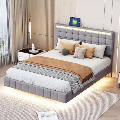 Modern Upholstered Floating Bed Frame with LED Lights & Headboard Design