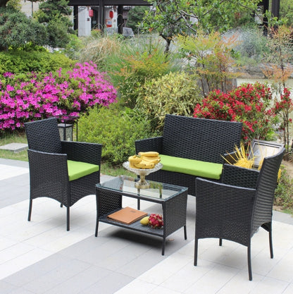 Rattan Patio Set Outdoor Wicker Sofa With Green Cushions