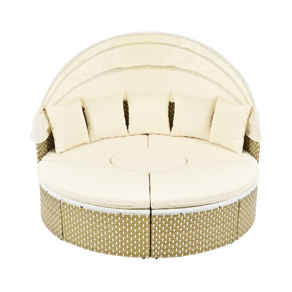 Patio Sectional Sofa Set Rattan Daybed Two-Tone Weave Sunbed With Ret