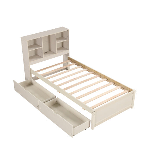 White Washed Twin Bed Frame with Bookcase Headboard and USB Charging Station