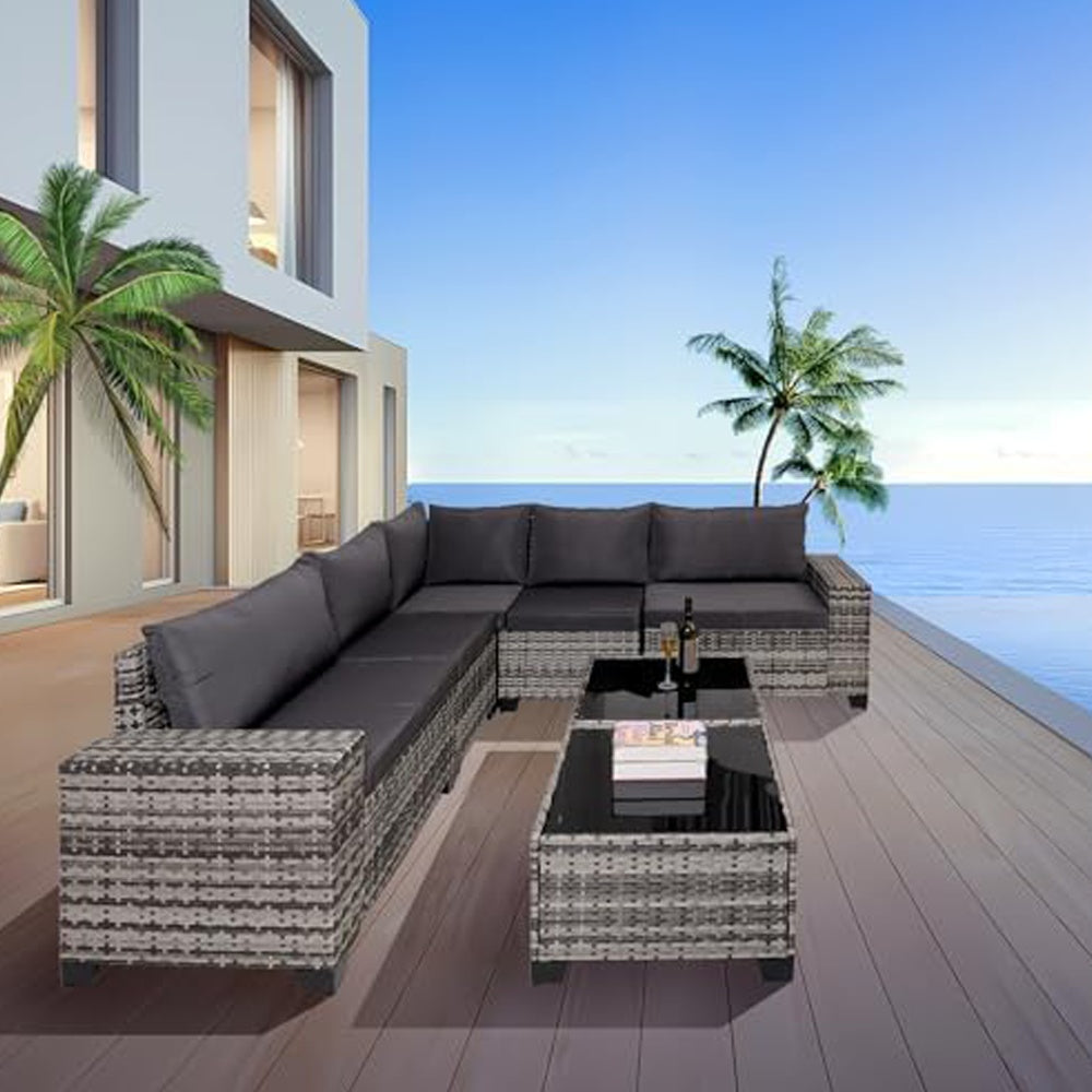 Modern Gray Wicker Sectional Sofa Set with Glass Coffee Tables