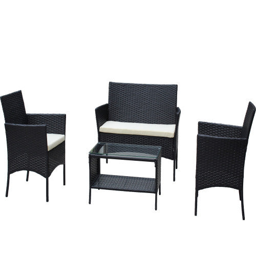 Rattan Patio Set Cushioned Seat Wicker Sofa Beige Cushion