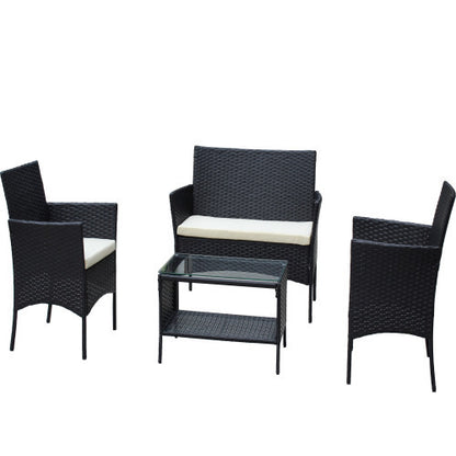 Rattan Patio Set Cushioned Seat Wicker Sofa Beige Cushion