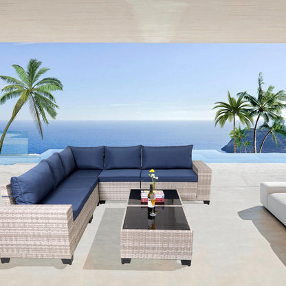Modern Gray Wicker Sectional Sofa Set with Glass Coffee Tables