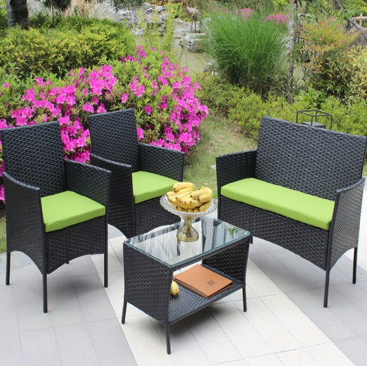 Rattan Patio Set Outdoor Wicker Sofa With Green Cushions