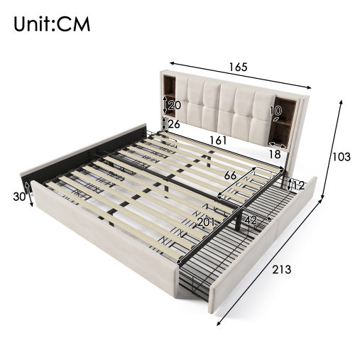 Queen Size Velvet Upholstered Bed Frame with Wireless Charging, USB Ports, and 4 Storage Drawers