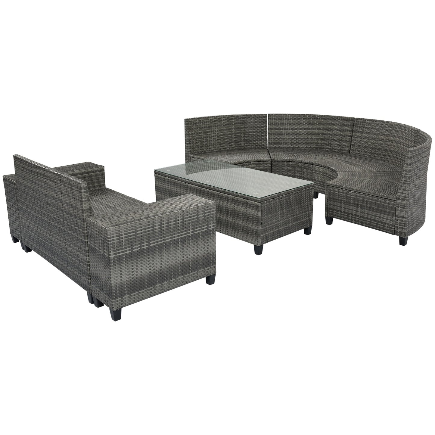 Gray All-Weather Wicker Round Patio Set with Cushions and Side Tables