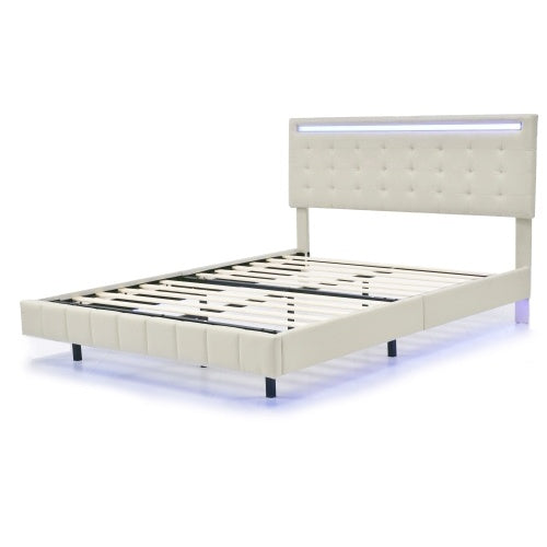 Modern Upholstered Floating Bed Frame with LED Lights & Headboard Design