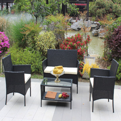 Rattan Patio Set Cushioned Seat Wicker Sofa Beige Cushion