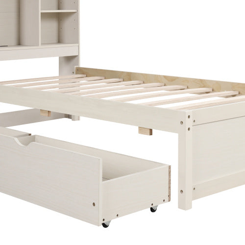 White Washed Twin Bed Frame with Bookcase Headboard and USB Charging Station