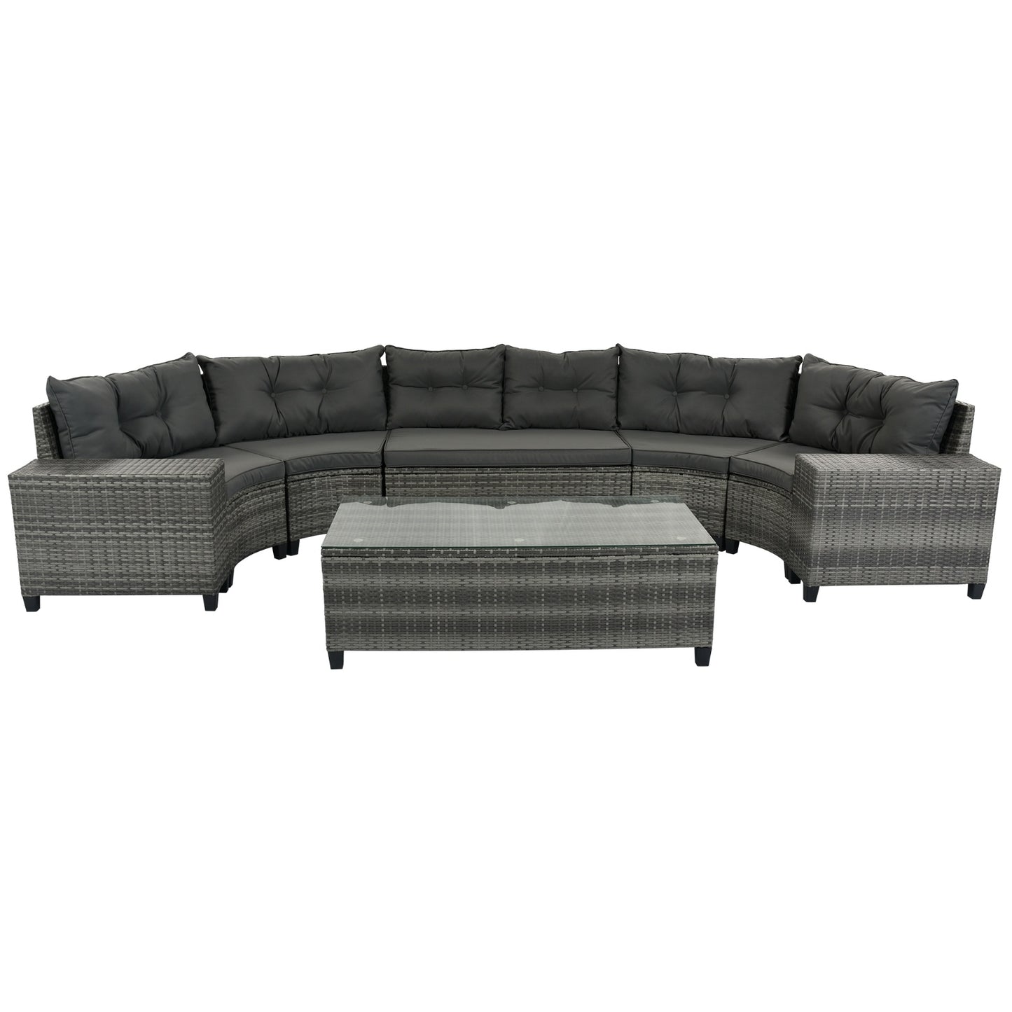 Gray All-Weather Wicker Round Patio Set with Cushions and Side Tables