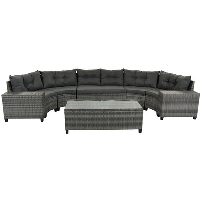 Gray All-Weather Wicker Round Patio Set with Cushions and Side Tables