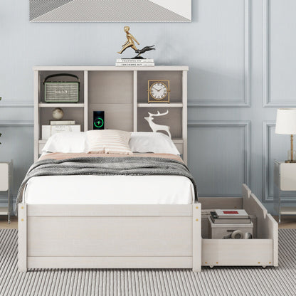 White Washed Twin Bed Frame with Bookcase Headboard and USB Charging Station