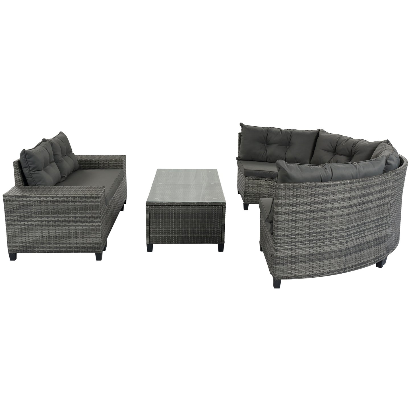 Gray All-Weather Wicker Round Patio Set with Cushions and Side Tables