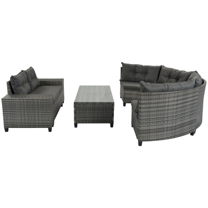 Gray All-Weather Wicker Round Patio Set with Cushions and Side Tables