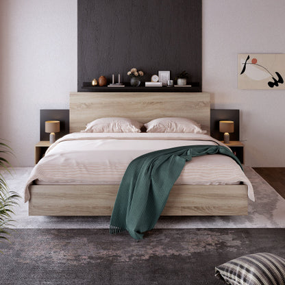 Sonoma Oak and Dark Gray Queen Size Bed with Floating Nightstands