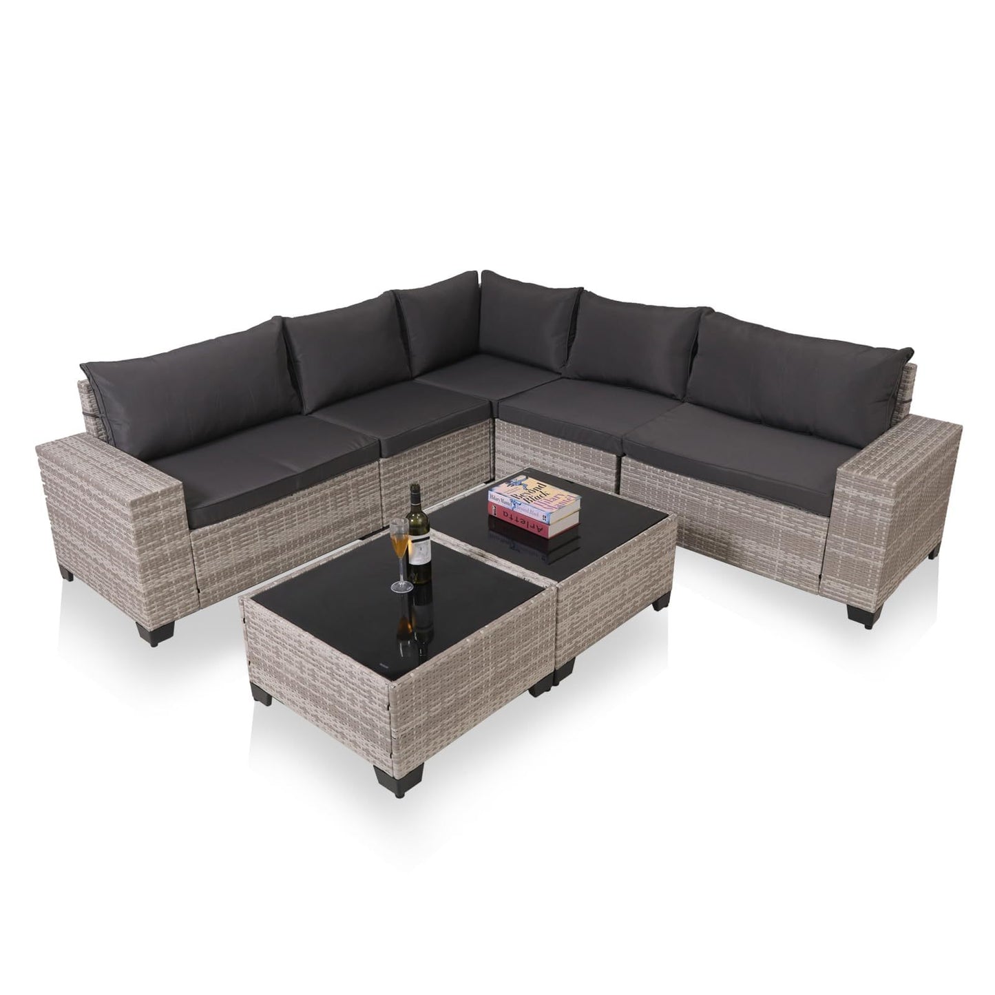 Modern Gray Wicker Sectional Sofa Set with Glass Coffee Tables