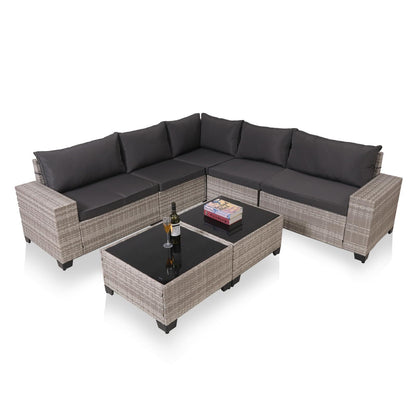 Modern Gray Wicker Sectional Sofa Set with Glass Coffee Tables