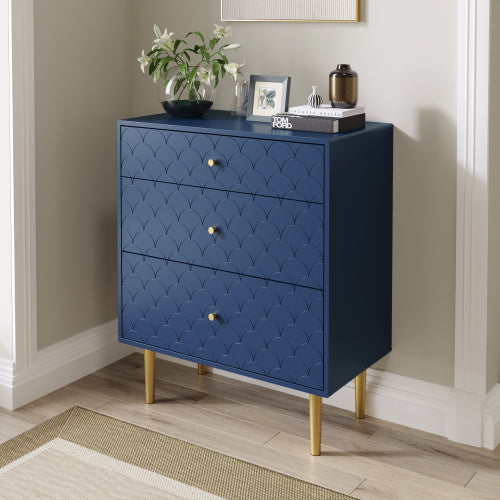 Navy Blue 3-Drawer Chest with Fish Scale Pattern and Champagne Metal Legs