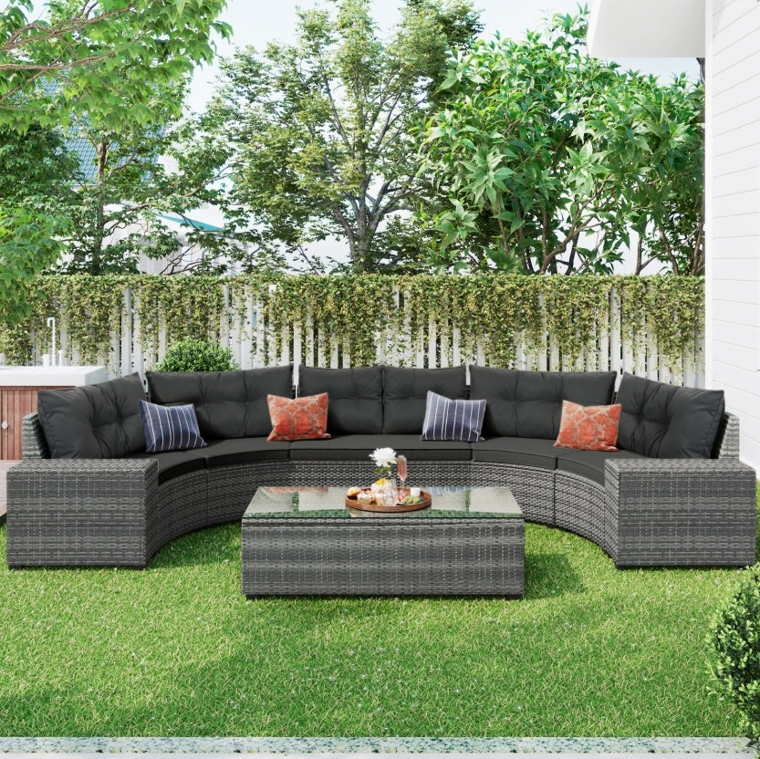 Gray All-Weather Wicker Round Patio Set with Cushions and Side Tables