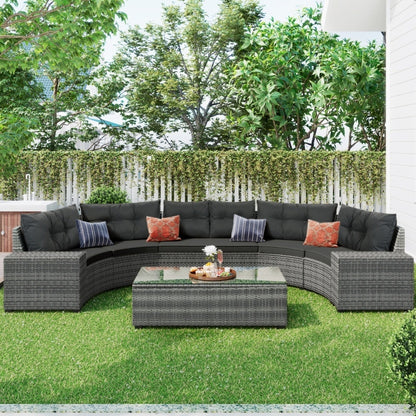 Gray All-Weather Wicker Round Patio Set with Cushions and Side Tables