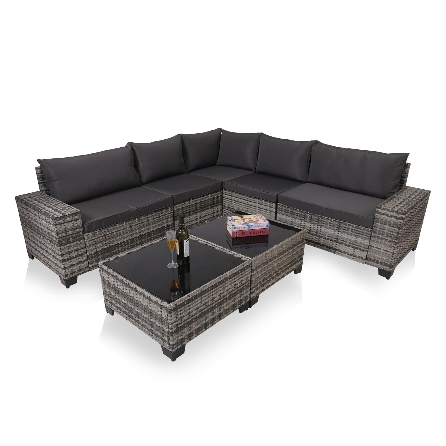 Modern Gray Wicker Sectional Sofa Set with Glass Coffee Tables