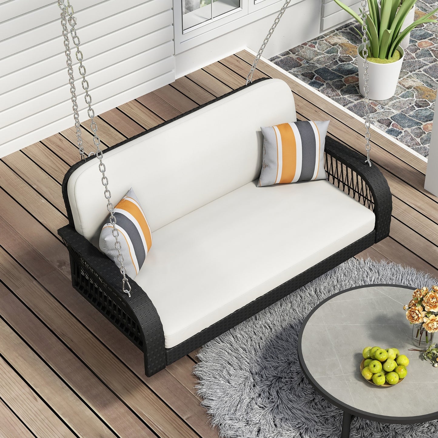 Wicker Porch Swing, 2-Seater Hanging Bench With Chains