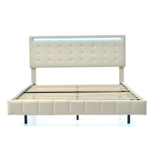 Modern Upholstered Floating Bed Frame with LED Lights & Headboard Design