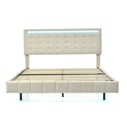 Modern Upholstered Floating Bed Frame with LED Lights & Headboard Design