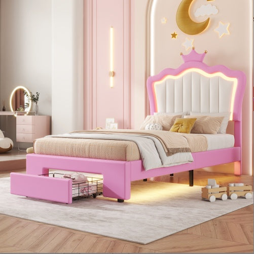 Pink and White Twin Size Upholstered Bed with Storage Drawer and LED Lights