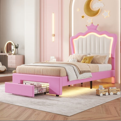 Pink and White Twin Size Upholstered Bed with Storage Drawer and LED Lights
