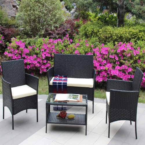 Rattan Patio Set Cushioned Seat Wicker Sofa Beige Cushion
