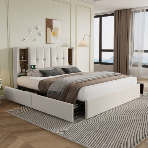 Queen Size Velvet Upholstered Bed Frame with Wireless Charging, USB Ports, and 4 Storage Drawers