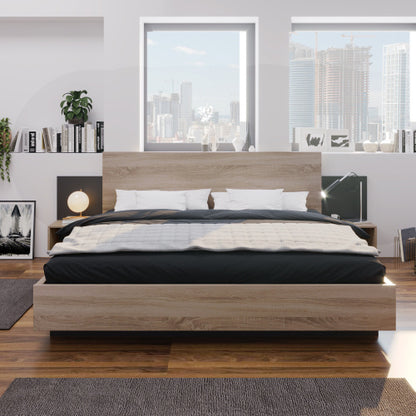 Sonoma Oak and Dark Gray Queen Size Bed with Floating Nightstands