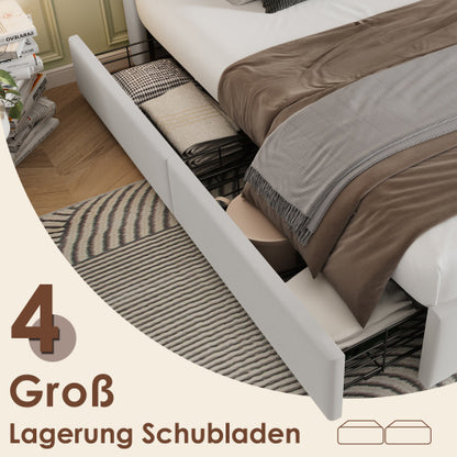Queen Size Velvet Upholstered Bed Frame with Wireless Charging, USB Ports, and 4 Storage Drawers