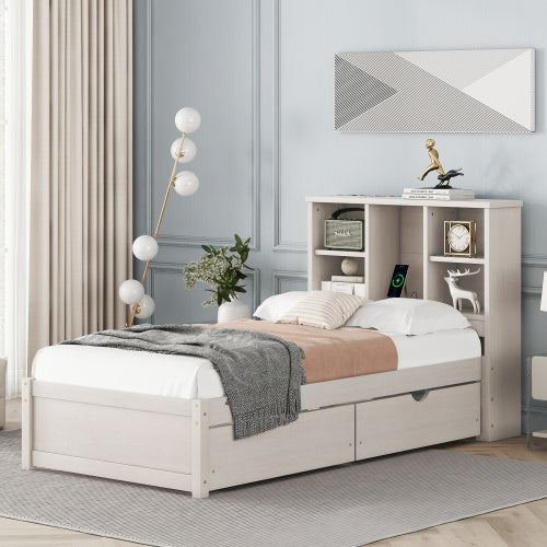 White Washed Twin Bed Frame with Bookcase Headboard and USB Charging Station