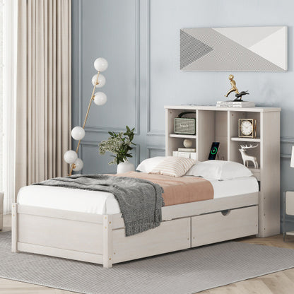 White Washed Twin Bed Frame with Bookcase Headboard and USB Charging Station